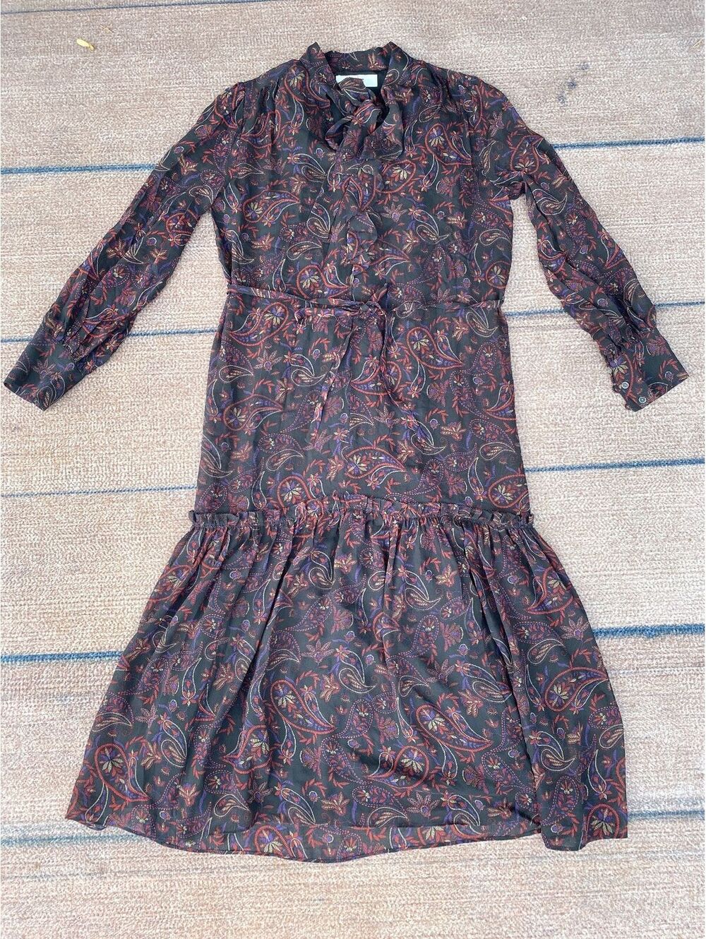 Joie 100% silk paisley tiered ruffle belted bow midi dress small whimsigoth boho